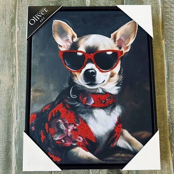 Chihuahua Dog Portrait Framed Canvas Red Glitter Sunglasses Art - Picture 1 of 4